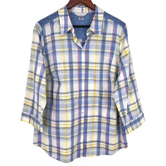 Allison Daley Plus Size 16W Blue Yellow Plaid Blouse Shirt Top Tropical Mature - Picture 1 of 9